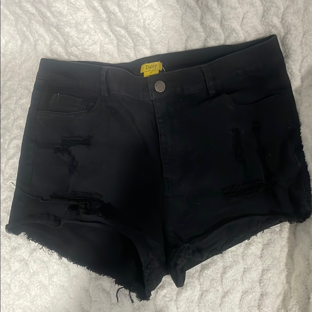 Daisy Black Jean Shorts with Distressed Hem